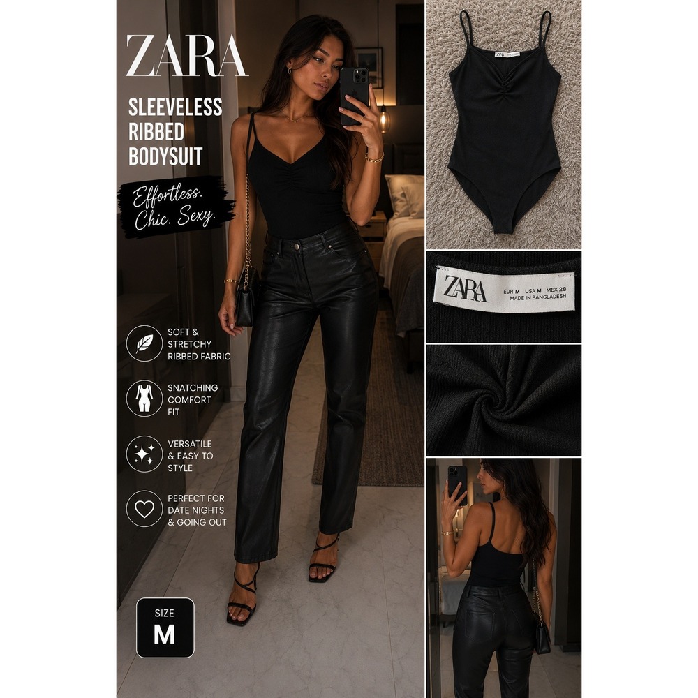 Zara Black Sleeveless Ribbed Bodysuit Sweetheart Neck Spaghetti Strap Medium